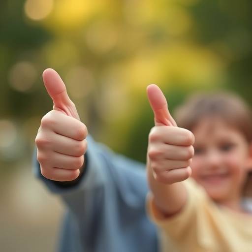 A blurred image of a parent giving a thumbs up, representing satisfaction.