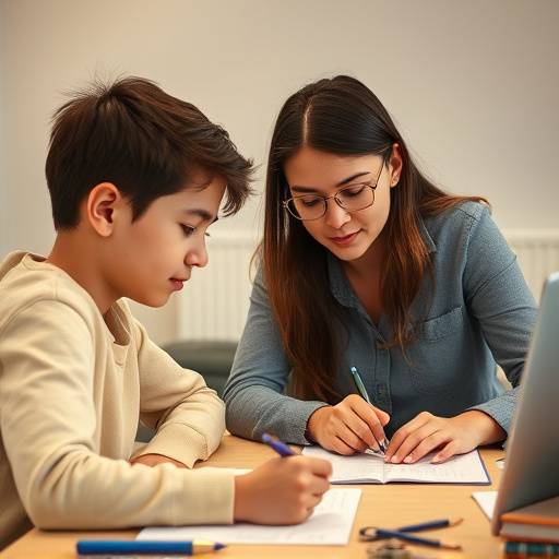A dedicated math tutor working with a student at a desk, solving equations.