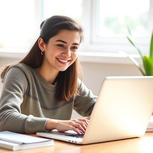 A photo of a smiling student working on a laptop, showcasing online tutoring success.