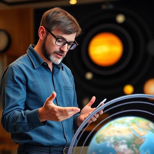 A tutor explaining a science concept to a student with a model of the solar system in the background.