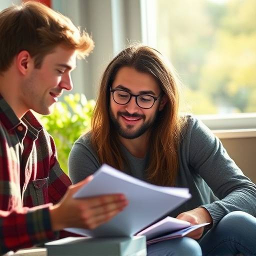 An enthusiastic English tutor reviewing a student's essay, providing constructive feedback.