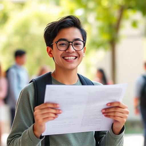 An enthusiastic student holding up a test with a high score, celebrating academic achievement.